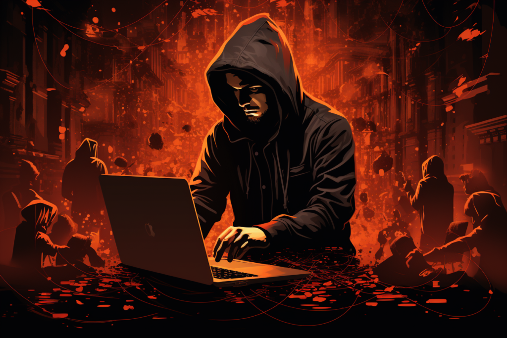 A person using a laptop to hack into a system